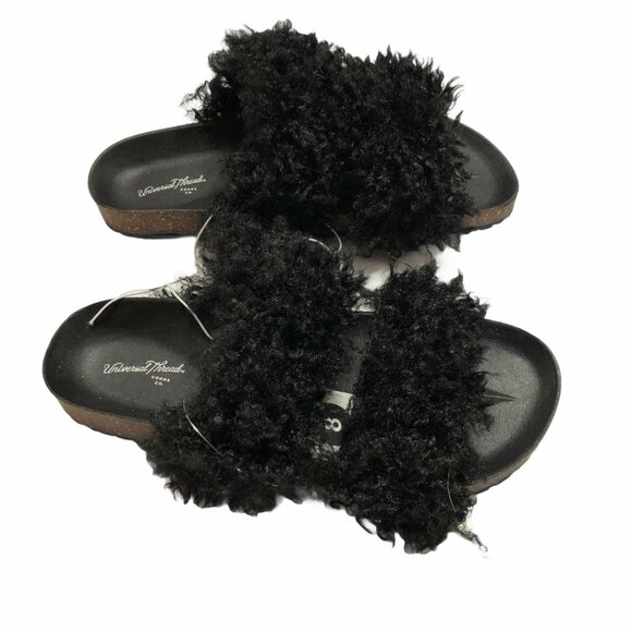 NWT Slides Faux Fur Sandals Womens Size 8 Black Universal Threads Ember Shoes Ne - Picture 2 of 5